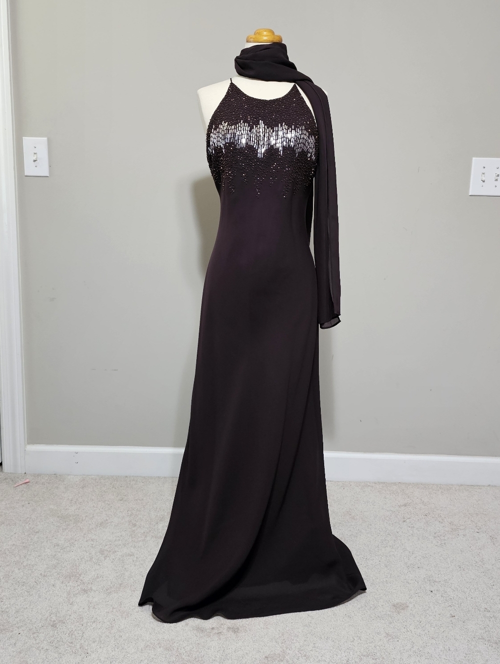 VTG Cachet Brown Beaded Halter Maxi Dress Scarf 12